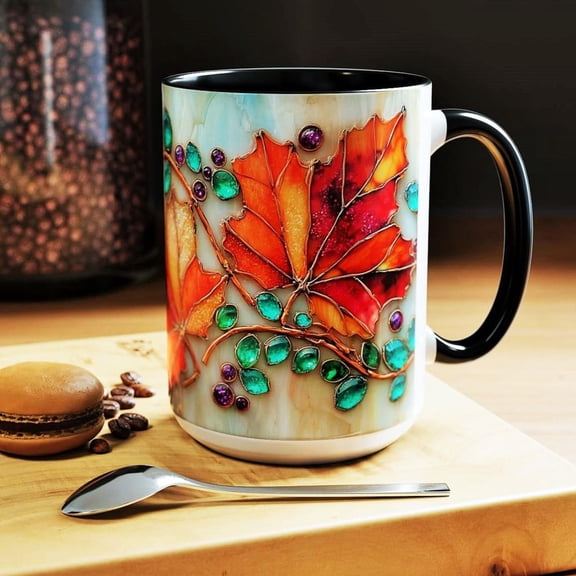 Stained Glass Maple Leaf Mug Autumn Coffee Cup with Red and Green Leaf Design Ceramic