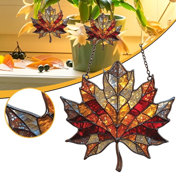 Stained Glass Maple Leaf Suncatcher, Acrylic Fall Maple Leaf Hanging Ornament, Autumn Window Pendant, Harvest Season Wall Decor, Thanksgiving Art Decoration, Seasonal Indoor Hanging Accessory