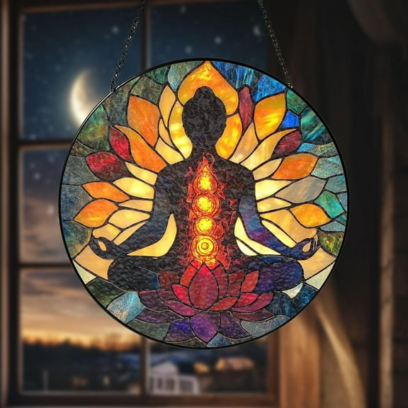 Stained Glass Meditation Suncatcher Spiritual Window Decor, Gift for Relaxation and Mindfulness Lovers, Perfect for Tranquil Spaces.