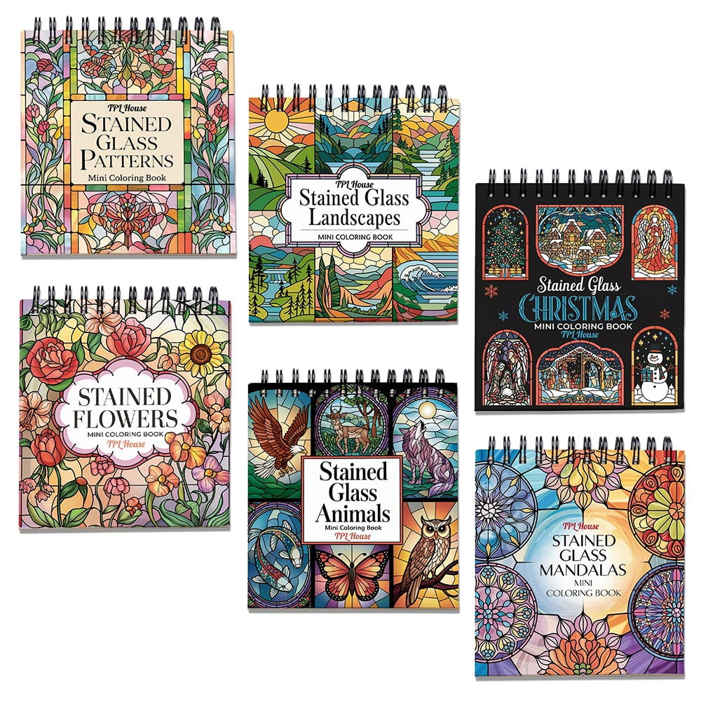 Stained Glass Mini Coloring Book Spiral Bound for Adult, Pack 6, 3.5” x 3.5” Pocket Size, 40 Coloring Pages Stress & Anxiety Relief, Travel for Women Men