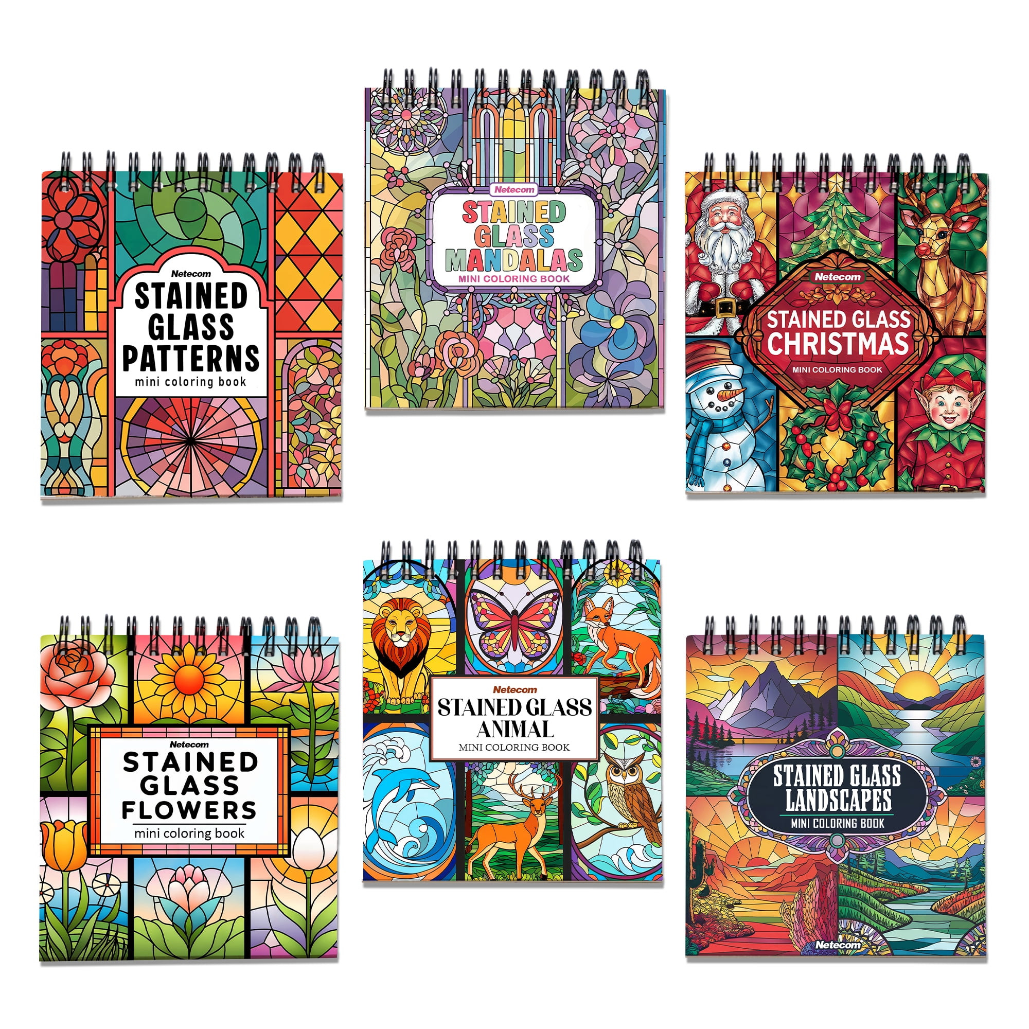 Stained Glass Mini Coloring Book Spiral Bound for Adult, Pack 6, 3.5” x 3.5” Pocket Size, 40 Coloring Pages Stress & Anxiety Relief, Travel for Women Men