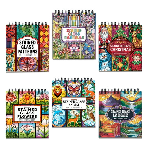 Stained Glass Mini Coloring Book Spiral Bound for Adult, Pack 6, 3.5” x 3.5” Pocket Size, 40 Coloring Pages Stress & Anxiety Relief, Travel for Women Men