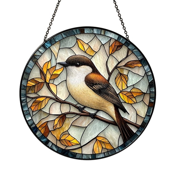 Stained Glass Mockingbird Window Hanging, Yellow Leaf Design, Nature Inspired Home Decor, Unique Gift Idea for Bird Enthusiasts