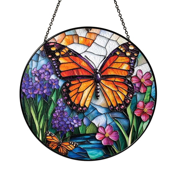 Stained Glass Monarch Butterflies Meadow Suncatcher, Window Hanging Ornament, Colorful Nature Home Decor, Unique Gift