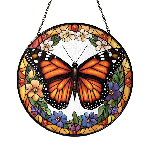 Stained Glass Monarch Butterfly Window Decor Featuring Symmetrical Wing Design, Circular Hanging Panel