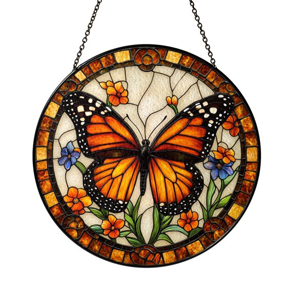 Stained Glass Monarch Butterfly Window Hanging Art
