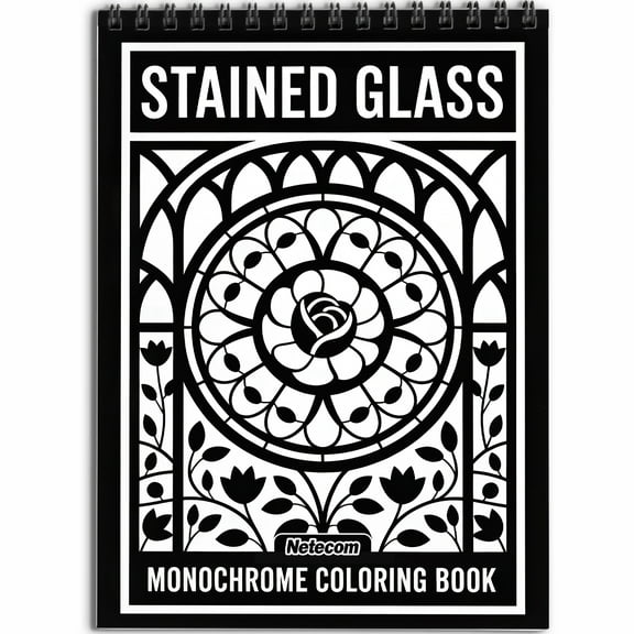 Stained Glass Monochrome Coloring Book Spiral Bound for Adult, Softcover, Relaxing One-Color Illustrations with Floral Windows, Landscapes, Light Patterns for Mindfulness, Stress Relief