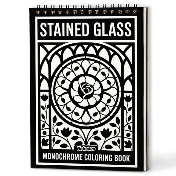 Stained Glass Monochrome Coloring Book Spiral Bound for Adults, A5 Wooden Cover, Relaxing One-Color Illustrations with Floral Windows, Landscapes, Light Patterns for Mindfulness