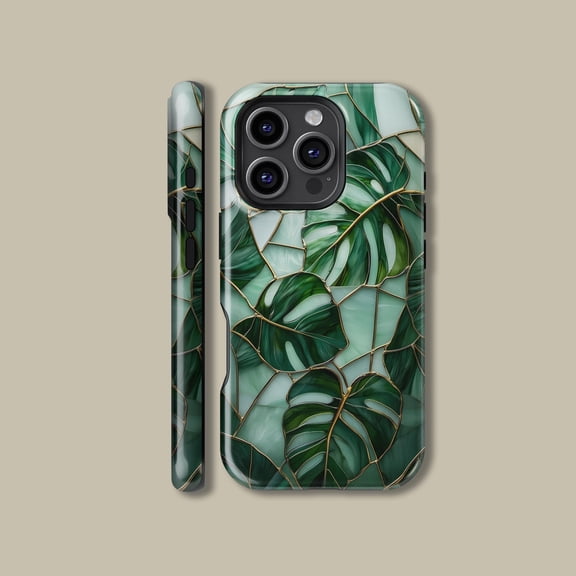 Stained Glass Monstera MagSafe Case for iPhone Samsung Gold Art