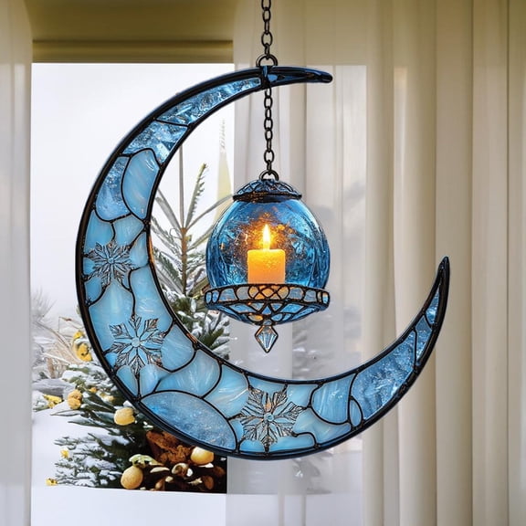 Stained Glass Moon Suncatcher With Lantern Light, Winter Window Decor, Celestial Christmas Gift For Her