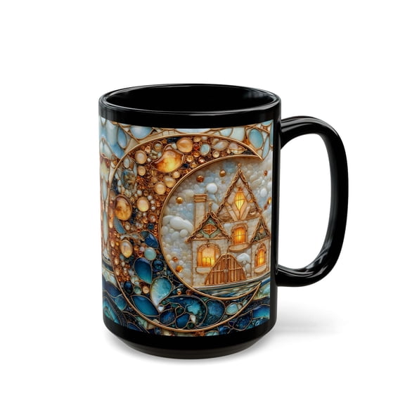 Stained Glass Moon Winter Cottage Mug Cozy Christmas Coffee Cup with Celestial Cabin Art Design Ceramic Cup