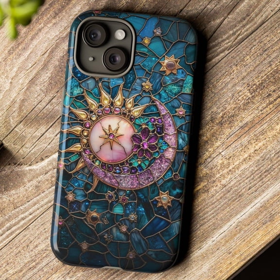 Stained Glass Moon and Sun Celestial Blue Sky Space Night Art A1098 Protective Case for iPhone 17 16 15 14 13 12 11 Pro Max