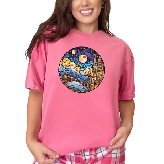 Stained Glass Moonlit Night Tshirt, Medieval Castle Art Tee, Celestial Stained Glass Shirt, Starry Night Sky Tshirt for Men Women, Crunchberry Comfort Colors T-Shirt, Large