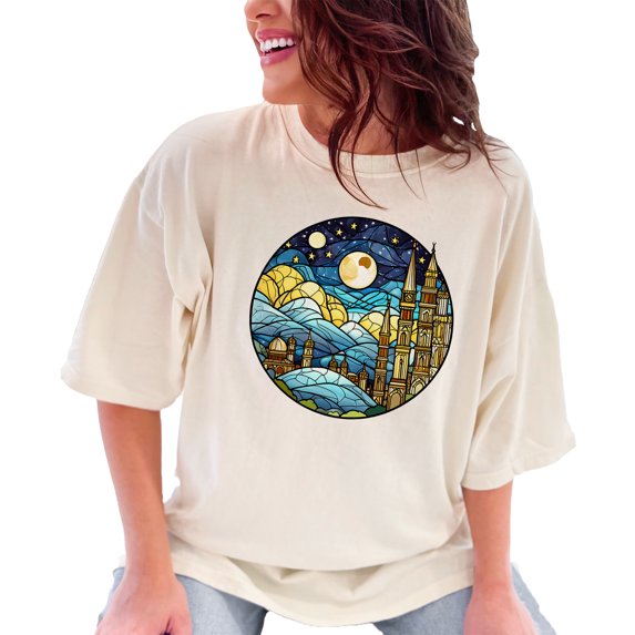 Stained Glass Moonlit Night Tshirt, Medieval Castle Art Tee, Celestial Stained Glass Shirt, Starry Night Sky Tshirt for Men Women, Ivory Comfort Colors T-Shirt, 2XL