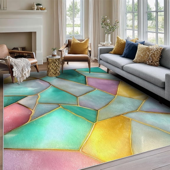 Stained Glass Mosaic Marble Colorful Area Rug, Modern Design Carpet, Washable Non Slip Soft Low Pile, Living Room Bedroom Kitchen Office Mat 2x3ft