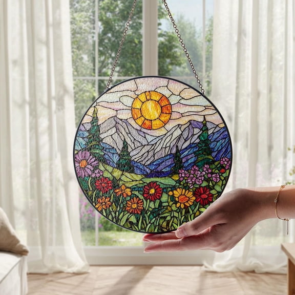 Stained Glass Mountain Landscape Suncatcher, Wildflower Meadow Art, Nature Scene Decor