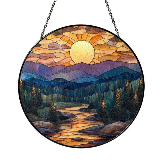 Stained Glass Mountain Landscape Sunrise Sunset Window Decor2001
