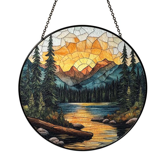 Stained Glass Mountain River Suncatcher Window Hanging Scenic Nature Sun Catcher with Pine Forest and Sunset Sky for Home Decor, Living Room Window