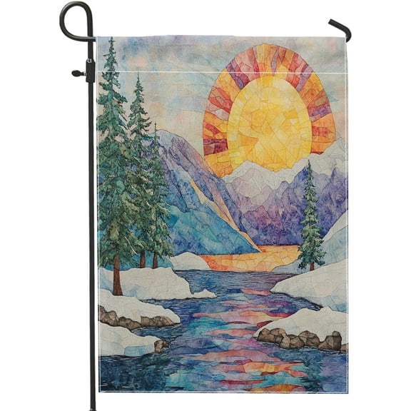 Stained Glass Mountain Scenic Garden Flag Double Sided Burlap 12x18 Inch for Front or Back Yard, Porch, Lawn and Home Landscape Decor