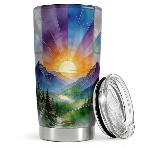 Stained Glass Mountain Sunrise 20oz Tumbler, Mountain Sunrise Tumbler, Daily Drinkware, Sun Rays over Blue Peaks and Pine Valley, Scenic Nature Cup, Hikers, Travelers and Outdoor Lovers