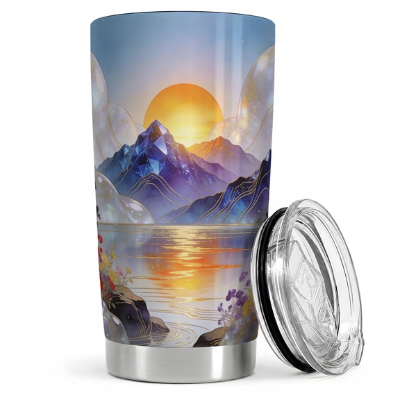 Stained Glass Mountain Sunset 20oz Tumbler, Mountain Sunset Tumbler, Daily Drinkware, Sun over Blue Peaks and Lake Reflection, Scenic Nature Cup, Hikers, Travelers, and Outdoor Lovers