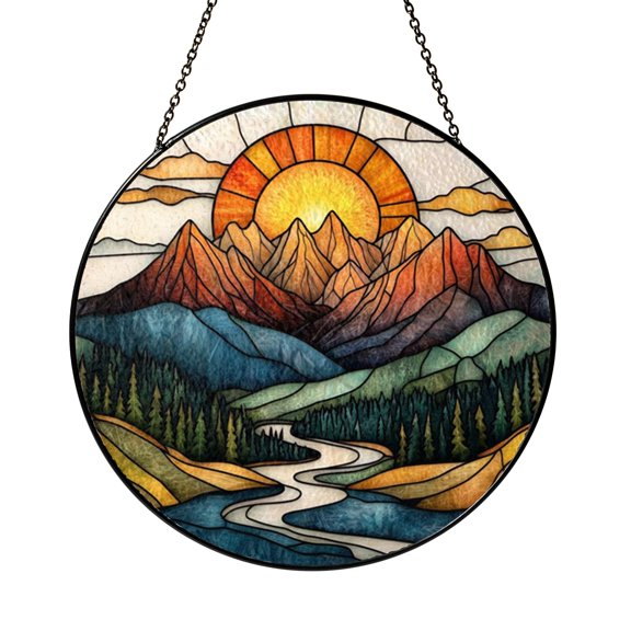Stained Glass Mountain Sunset Suncatcher Window Hanging, Warm Evening Landscape Home Window Decor