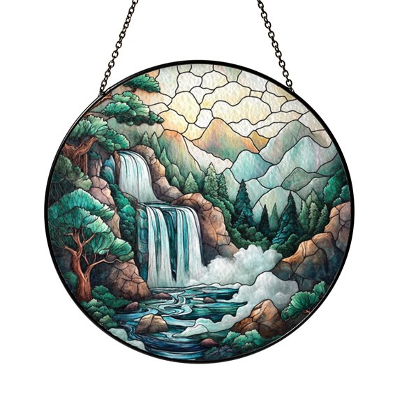 Stained Glass Mountain Waterfall Window Decor, Scenic Nature Suncatcher for Calm Home Interiors