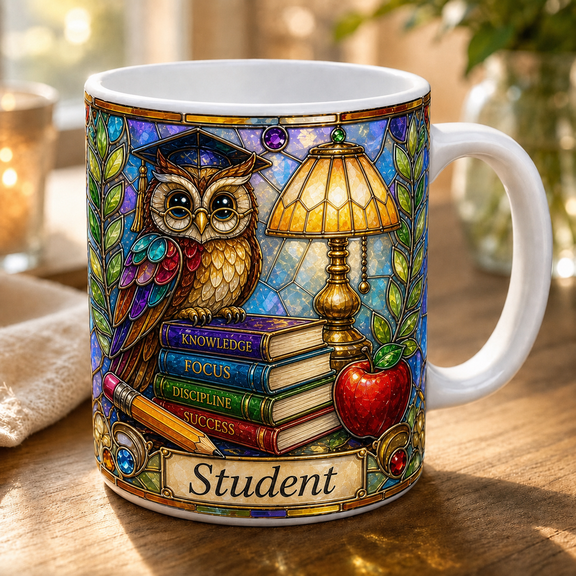 Stained Glass Mug Inspiring Owl Student Coffee Cup Back to School Study Gift