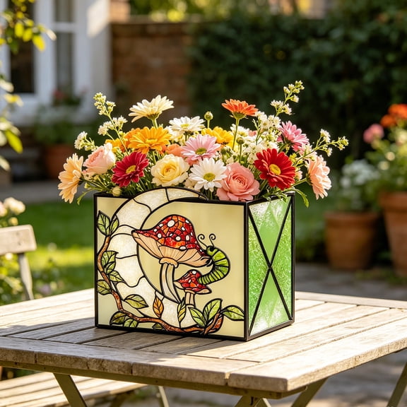 Stained Glass Mushroom Desktop Storage Box, Decorative Multi-use Pen Holder, Square Plant Pot Organizer for Bedroom Office Vanity