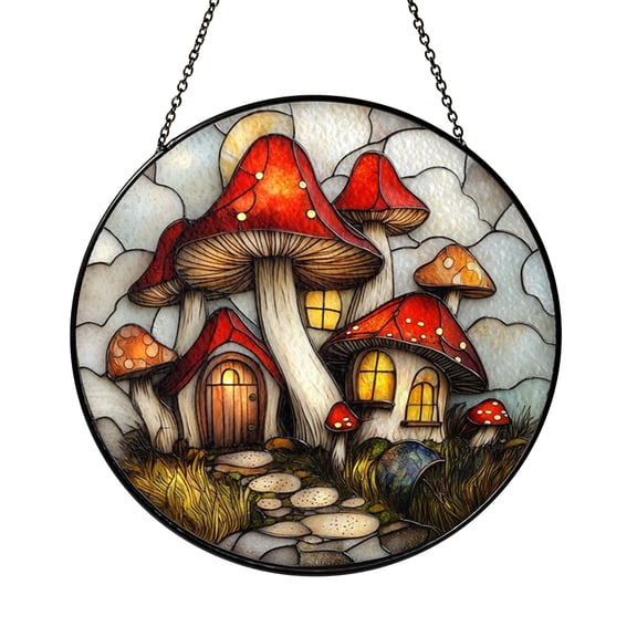 Stained Glass Mushroom Fairy Suncatcher Window Hanging, Whimsical Forest Sun Catcher for Home Window