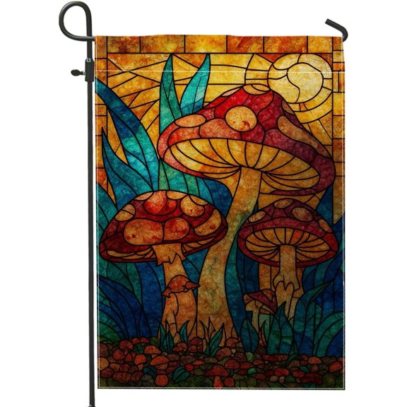 Stained Glass Mushroom Garden Flag Double Sided Burlap Outdoor Decor Banner 12x18 Inch