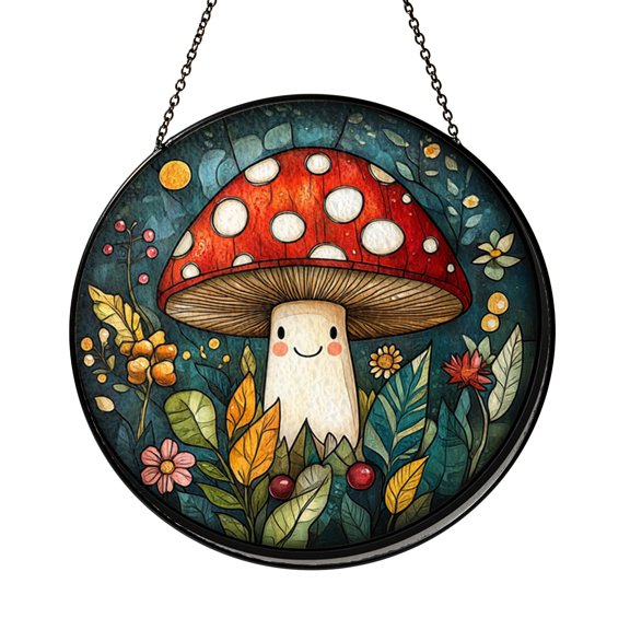 Stained Glass Mushroom Suncatcher, Bright Spring Forest Window Art Decor