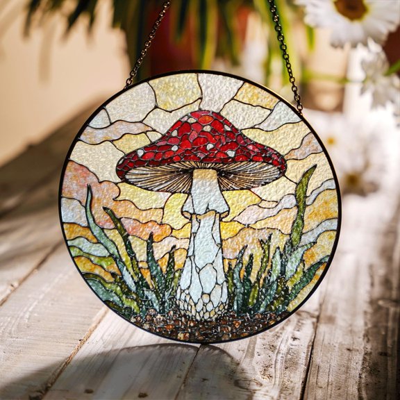 Stained Glass Mushroom Suncatcher, Red Cap Window Hanging Art, 3.5 in