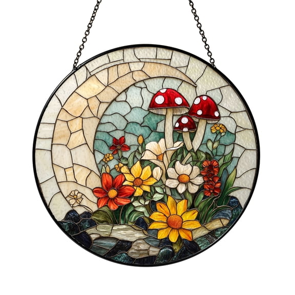 Stained Glass Mushrooms Suncatcher Fly Mushroom Moon Scene Window Hanging Enchanted Cottage Home Decor