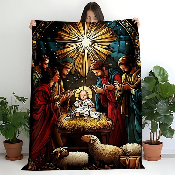 Stained Glass Nativity Flannel Blanket - Adoring Shepherds & Star of Bethlehem for Christmas