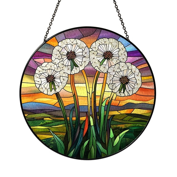 Stained Glass Nature Suncatcher featuring Dandelion Puffball and Meadow Landscape