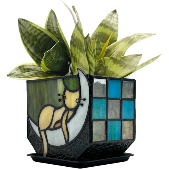Stained Glass Naughty Cat Planter, Indoor Plant Pots with Drain,Handmade Tiffany Style,Small Candle Holder Decor,Plant Lover Gifts for Women,Gifts for Cat Lovers
