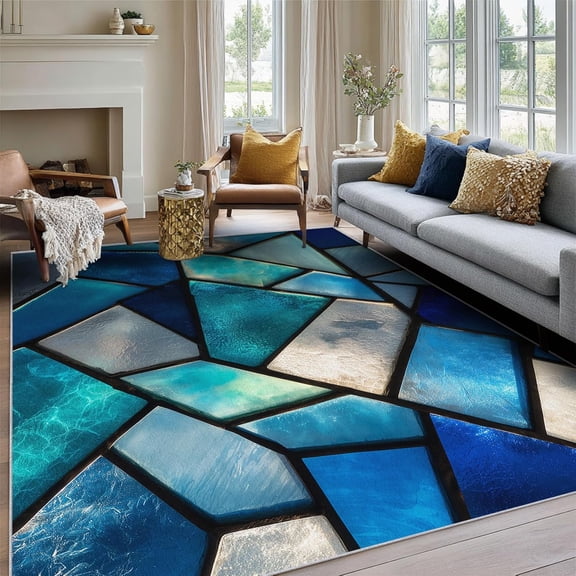 Stained Glass Navy Blue Geometric Area Rug, Modern Design Carpet, Washable Non Slip Soft Low Pile, Living Room Bedroom Kitchen Office Mat 2x3ft