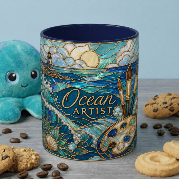 Stained Glass Ocean Art Mug for Artist Painter, Nautical Coffee Cup Gift