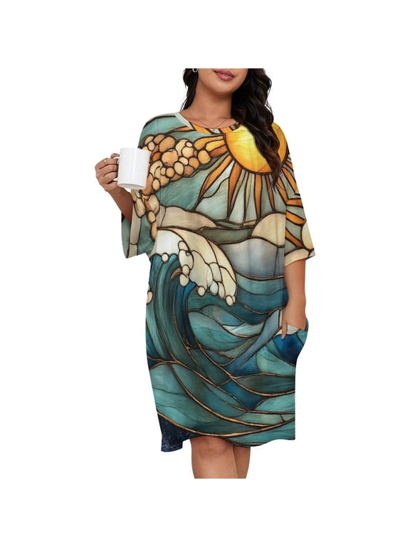 Stained Glass Ocean Sun Waves Art Sleepshirts For Sleeping Travels Loose Sleepdress Pajama Dress Soft Nightdress Sleepwear