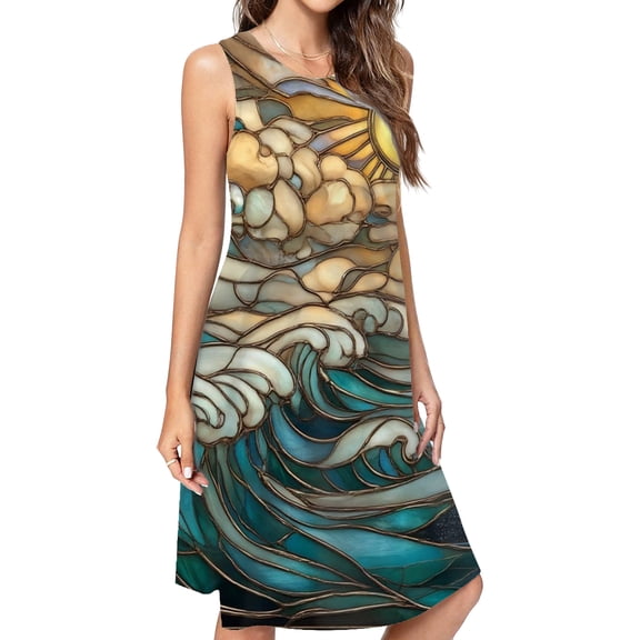 Stained Glass Ocean Sunrise Waves Casual Sleeveless Loose Sundress Dress For Women Summer Dress Daily Woman