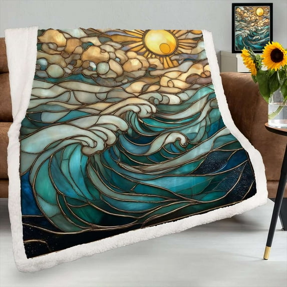 Stained Glass Ocean Sunrise Waves Sherpa Blanket Throw Blanket For Bed Chair Sofa Blanket For Women Men Blanket Microfiber