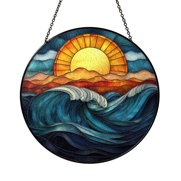 Stained Glass Ocean Wave Sun Window Hanging, Coastal Suncatcher for Sea Lover Home Decoration