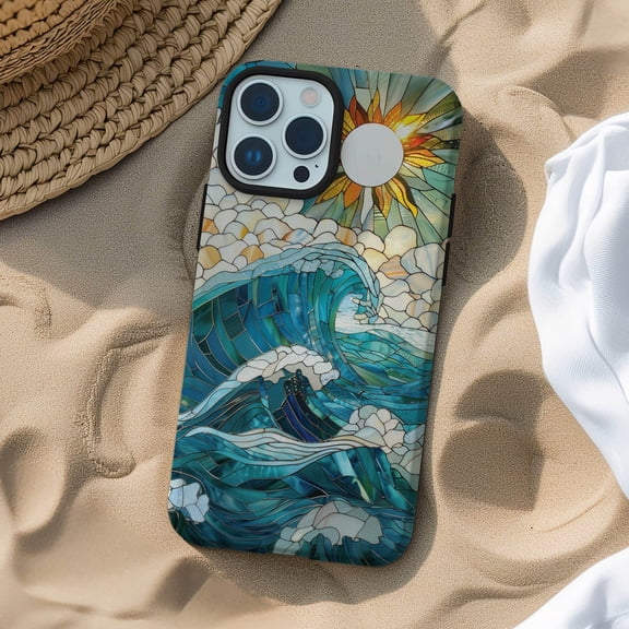 Stained Glass Ocean Wave, Sun and Clouds Tough Phone Case for Apple iPhone 13-17 Series, Polycarbonate and TPU