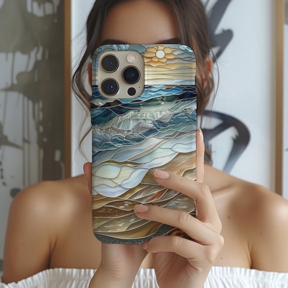 Stained Glass Ocean Waves Phone Case Fits iPhone Samsung Galaxy Hard Shell Sea Water Mosaic Design