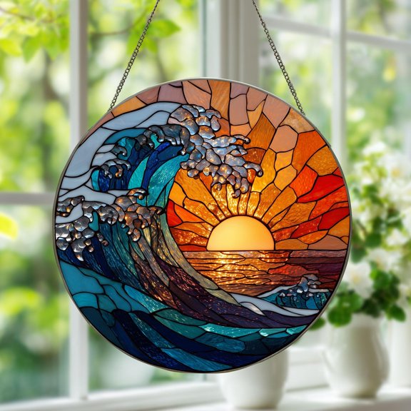 Stained Glass Ocean Waves Suncatcher: Sunset Beach Window Hanging