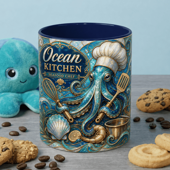 Stained Glass Octopus Mug, Ocean Kitchen Coffee Cup for Seafood Chefs & Cooks