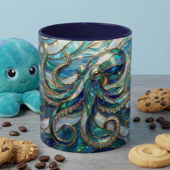 Stained Glass Octopus Mug, Octopus Coffee Mug, Ocean Art Mug, Nautical Decor Cup, Sea Creature Mug, Octopus Lover Gift