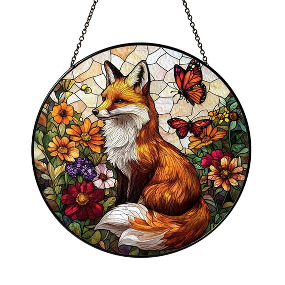 Stained Glass Orange Fox Window Decor Featuring Woodland Theme, Artistic Animal Suncatcher for Home Spaces