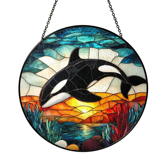 Stained Glass Orca Whale Suncatcher Window Hanging, Marine Life Inspired Sun Catcher for Window Decor